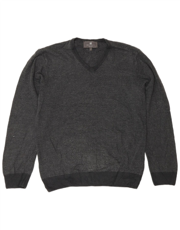 Marks & Spencer Mens V-Neck Jumper Sweater Large Grey Striped Classic