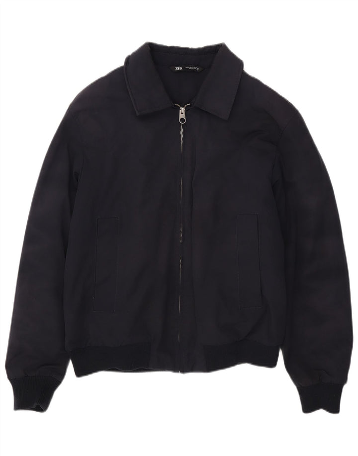 Zara Mens Bomber Jacket UK 38 Medium Navy Blue Polyester