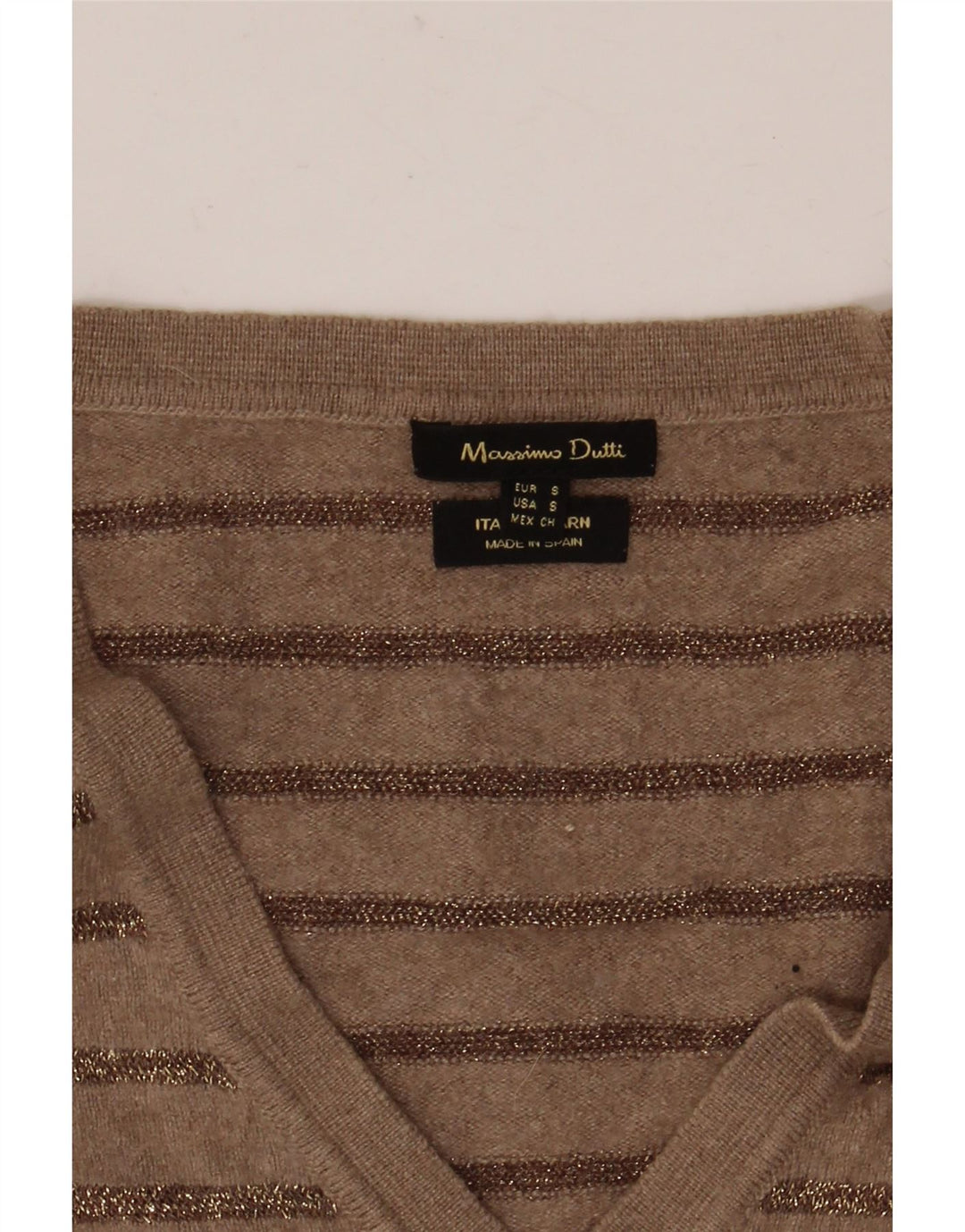 Massimo Dutti Womens V-Neck Jumper Sweater UK 10 Small Brown Striped