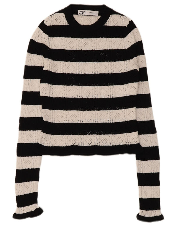 Zara Womens Crop Crew Neck Jumper Sweater UK 8 Small Black Striped