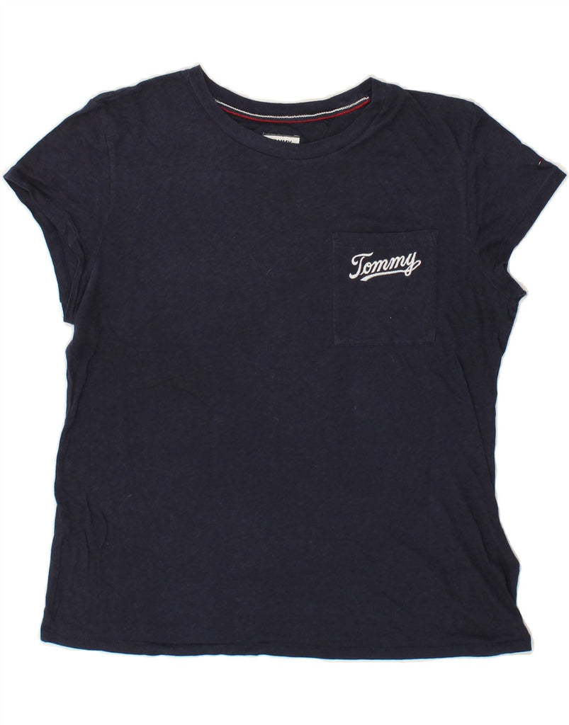 TOMMY HILFIGER Womens Graphic T-Shirt Top UK 14 Medium Navy Blue Cotton | Vintage Tommy Hilfiger | Thrift | Second-Hand Tommy Hilfiger | Used Clothing | Messina Hembry 