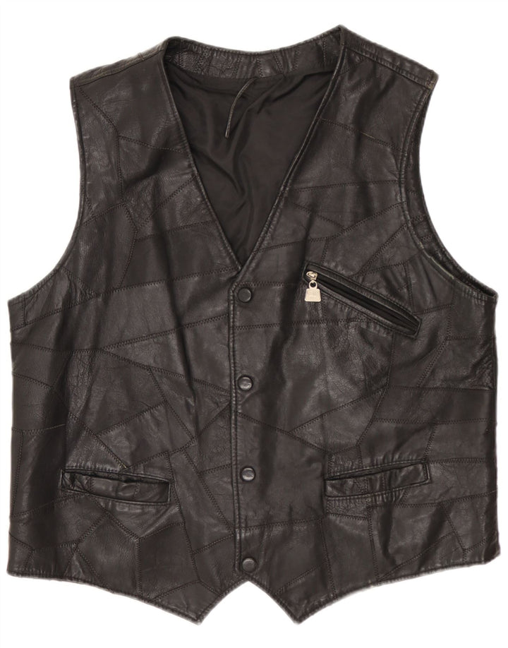 VINTAGE Mens Leather Waistcoat Medium Black