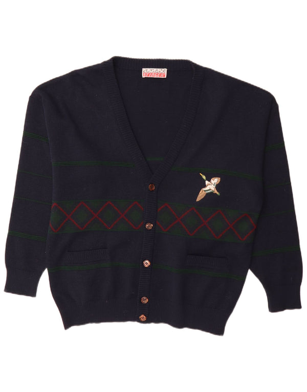 Vintage Mens Cardigan Sweater XL Navy Blue Argyle/Diamond