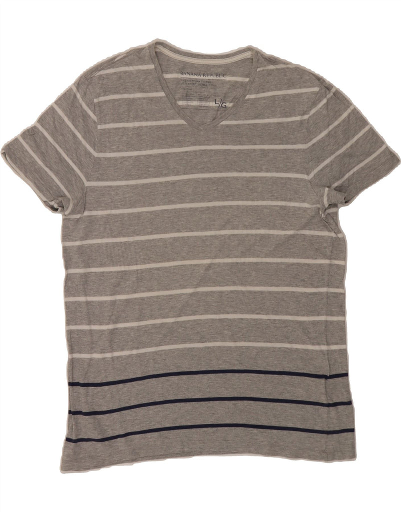 BANANA REPUBLIC Mens T-Shirt Top Large Grey Striped Cotton Vintage Banana Republic and Second-Hand Banana Republic from Messina Hembry 
