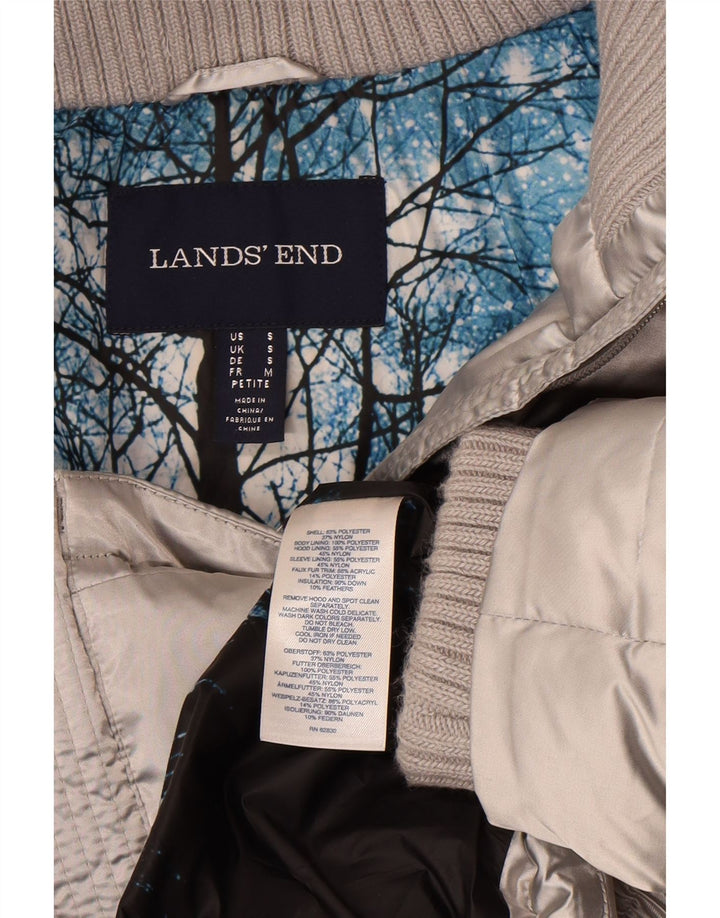Lands End Womens Petite Hooded Padded Jacket UK 10 Small Silver Polyester