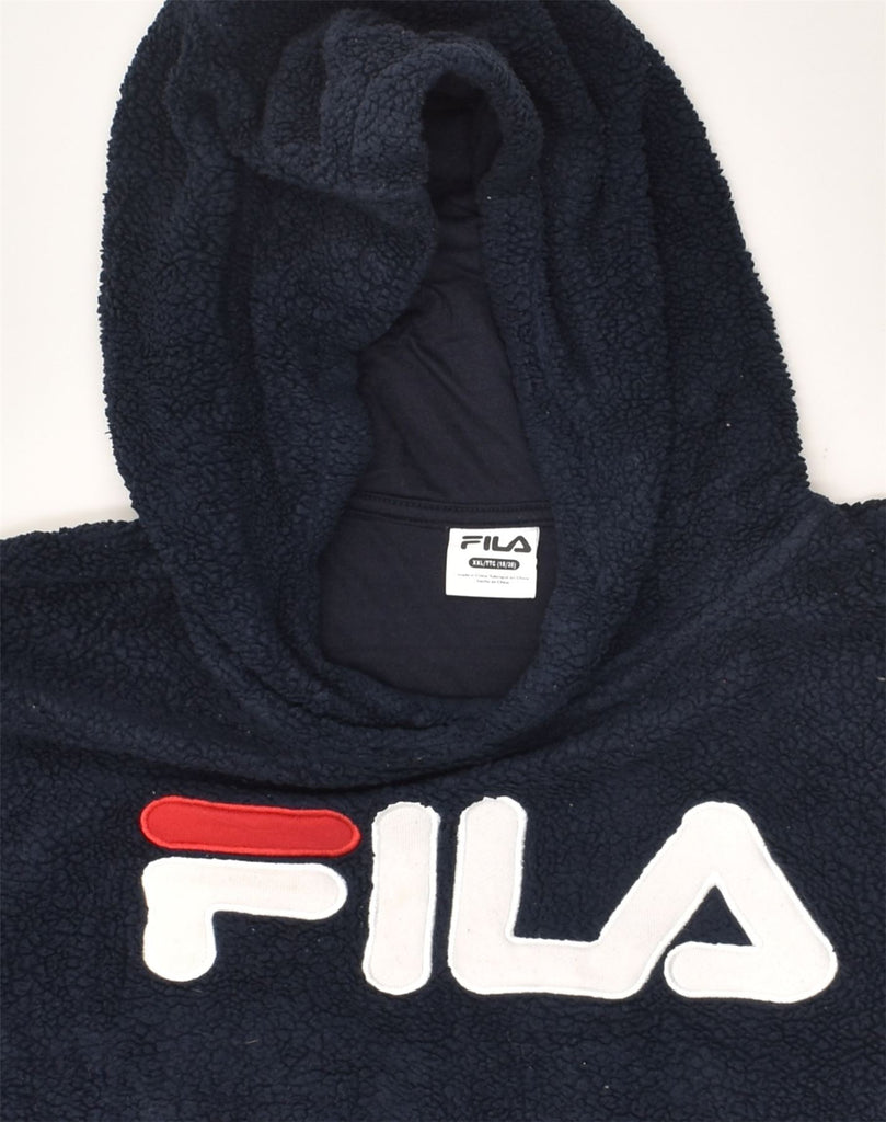 FILA Boys Graphic Fleece Hoodie Jumper 15-16 Years 2XL Navy Blue Polyester | Vintage Fila | Thrift | Second-Hand Fila | Used Clothing | Messina Hembry 