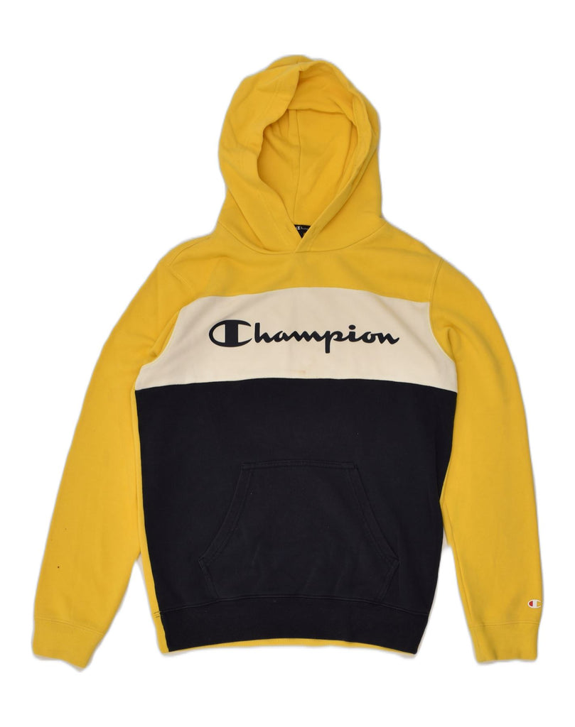 CHAMPION Mens Graphic Hoodie Jumper Small Yellow Colourblock | Vintage Champion | Thrift | Second-Hand Champion | Used Clothing | Messina Hembry 