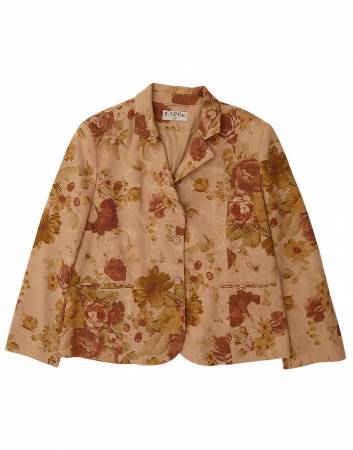 ELLE Womens 2 Button Blazer Jacket UK 20 2XL Beige Floral Cotton