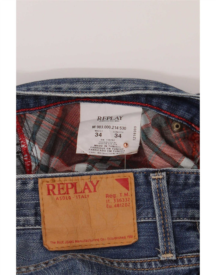 Replay Mens Waitom Straight Jeans W34 L34 Navy Blue Cotton