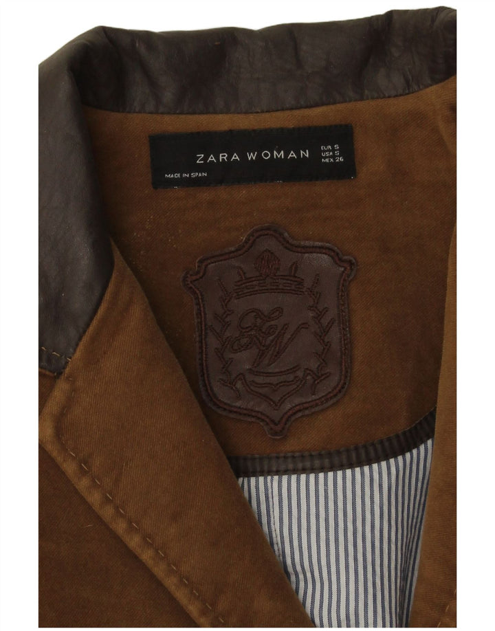Zara Womens 2 Button Blazer Jacket UK 10 Small Brown Cotton