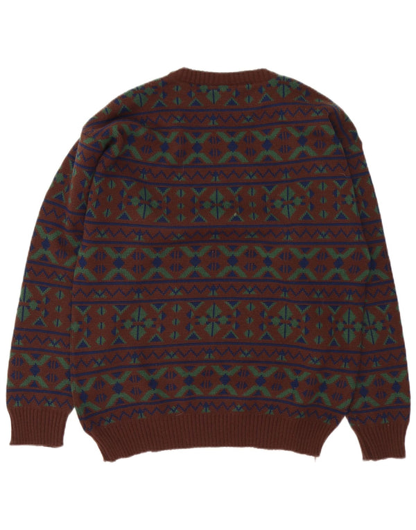 Numero Uno Mens Crew Neck Jumper Sweater Large Brown Fair Isle Acrylic