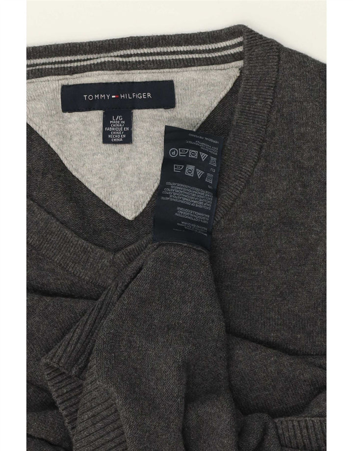 Tommy Hilfiger Mens V-Neck Jumper Sweater Large Grey Cotton