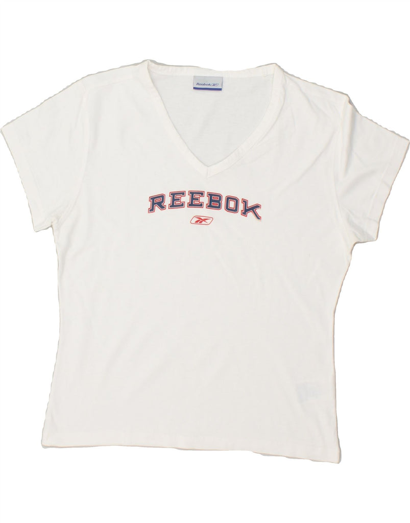 REEBOK Womens Graphic T-Shirt Top UK 12 Medium White Cotton | Vintage Reebok | Thrift | Second-Hand Reebok | Used Clothing | Messina Hembry 