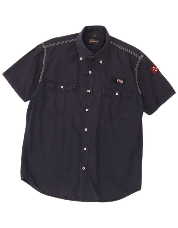 Napapijri Mens Short Sleeve Shirt Large Navy Blue Cotton