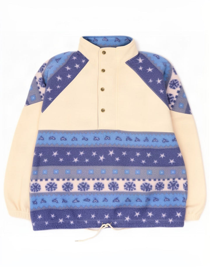 Vintage Mens Button Neck Fleece Jumper Large Off White Fair Isle Polyester