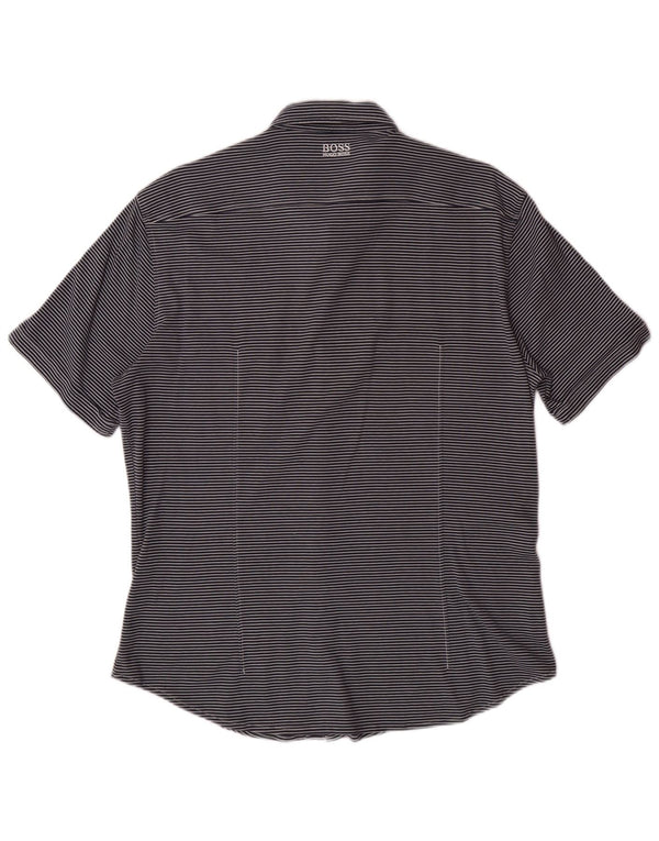 HUGO BOSS Mens Slim Fit Short Sleeve Shirt Large Navy Blue Striped