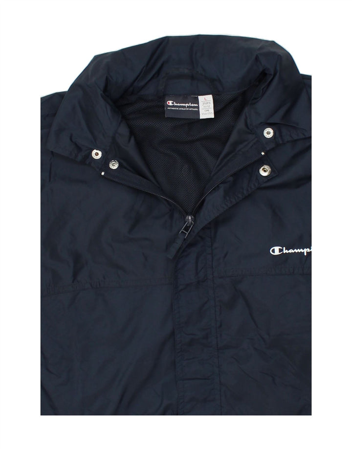 CHAMPION Boys Graphic Hooded Raincoat 11-12 Years Large Navy Blue Vintage Champion and Second-Hand Champion from Messina Hembry 