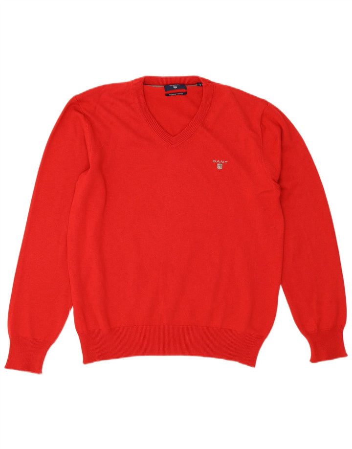 Gant Mens V-Neck Jumper Sweater Small Red Cotton