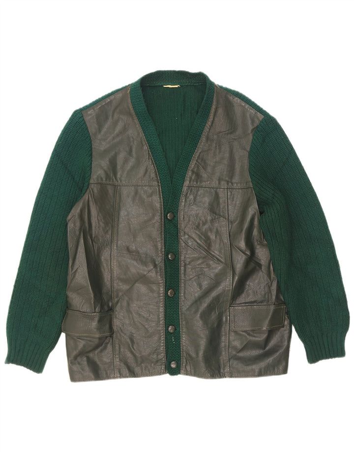 Vintage Mens Leather Cardigan Sweater EU 50 Medium Green