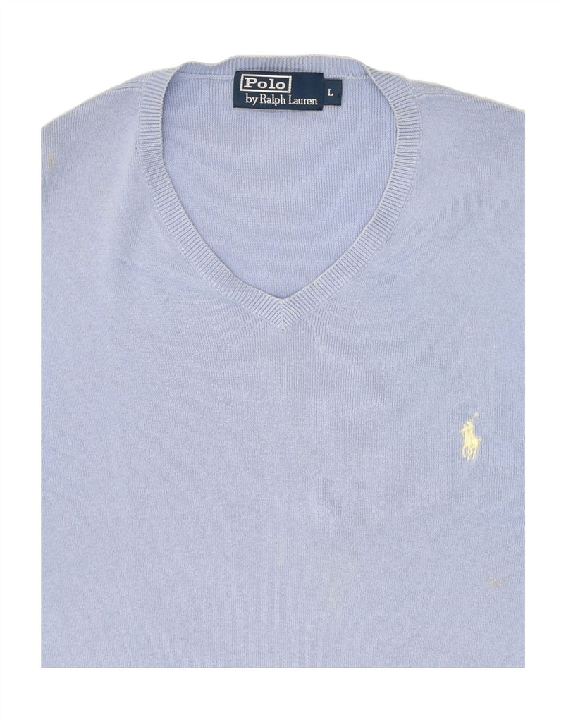 POLO RALPH LAUREN Mens V-Neck Jumper Sweater Large Blue Cotton | Vintage Polo Ralph Lauren | Thrift | Second-Hand Polo Ralph Lauren | Used Clothing | Messina Hembry 