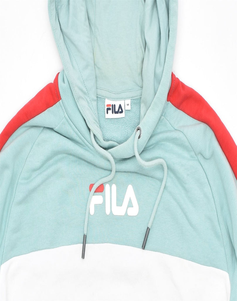 FILA Womens Oversized Graphic Hoodie Jumper UK 14 Medium Turquoise | Vintage | Thrift | Second-Hand | Used Clothing | Messina Hembry 