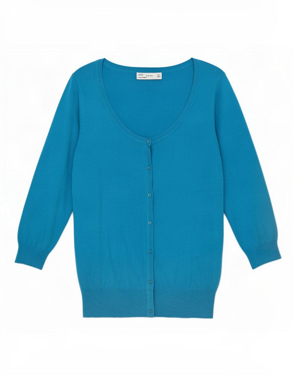 Zara Womens 3/4 Sleeve Cardigan Sweater UK 14 Large Blue Cotton