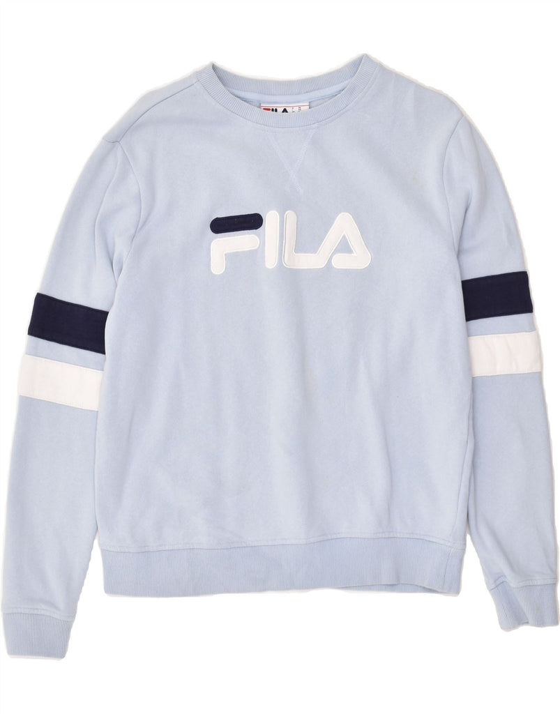 FILA Womens Graphic Sweatshirt Jumper UK 14 Medium Blue Striped Cotton | Vintage Fila | Thrift | Second-Hand Fila | Used Clothing | Messina Hembry 