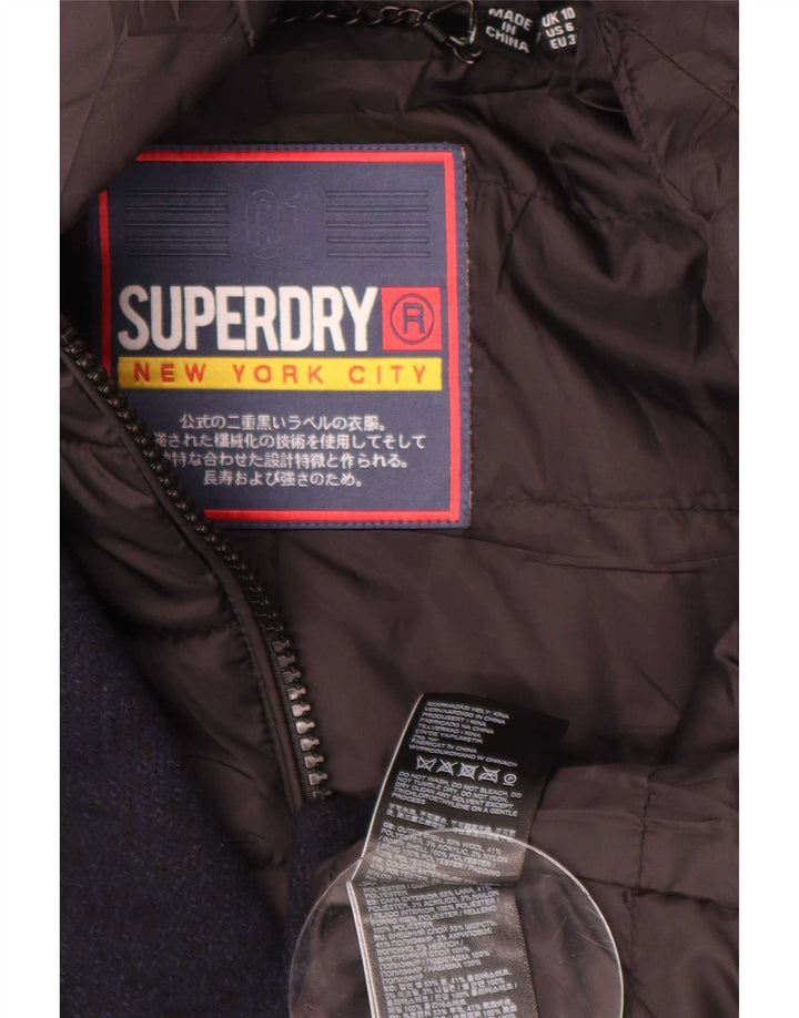 Superdry Womens Hooded Overcoat UK 10 Small Navy Blue Wool