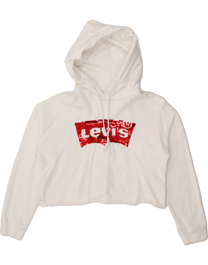 LEVI'S Womens Graphic Crop Hoodie Jumper UK 2 2XS White Vintage Levi's and Second-Hand Levi's from Messina Hembry 
