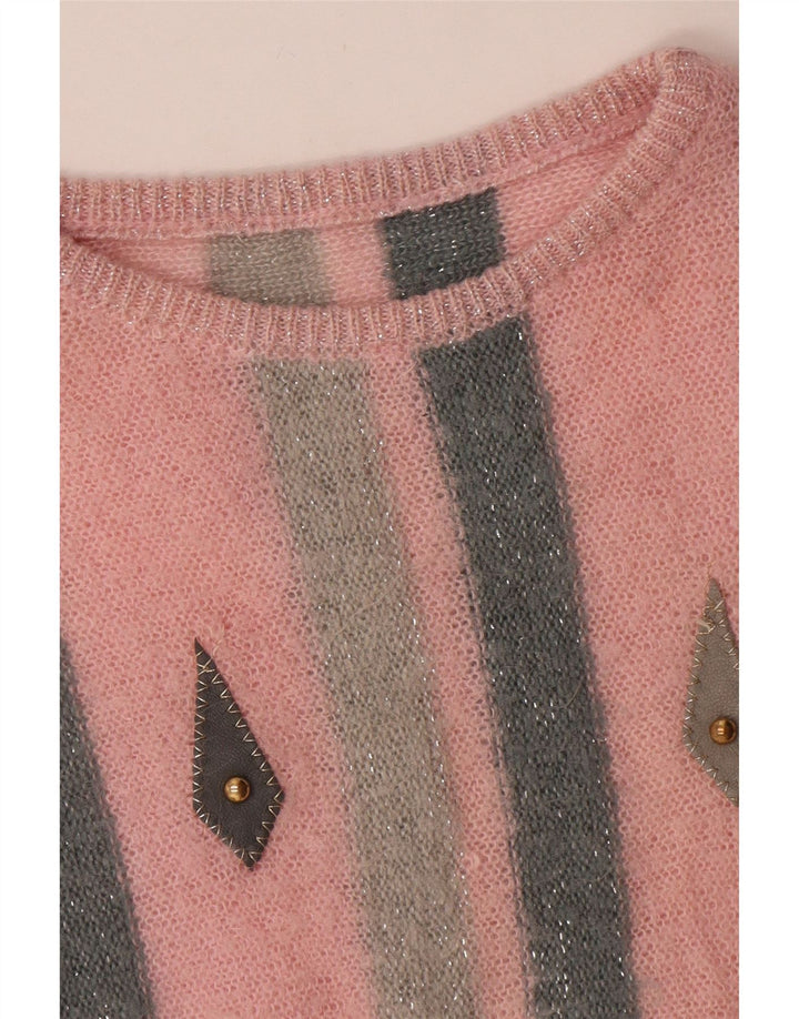 Vintage Womens Crew Neck Jumper Sweater UK 14 Medium Pink Striped