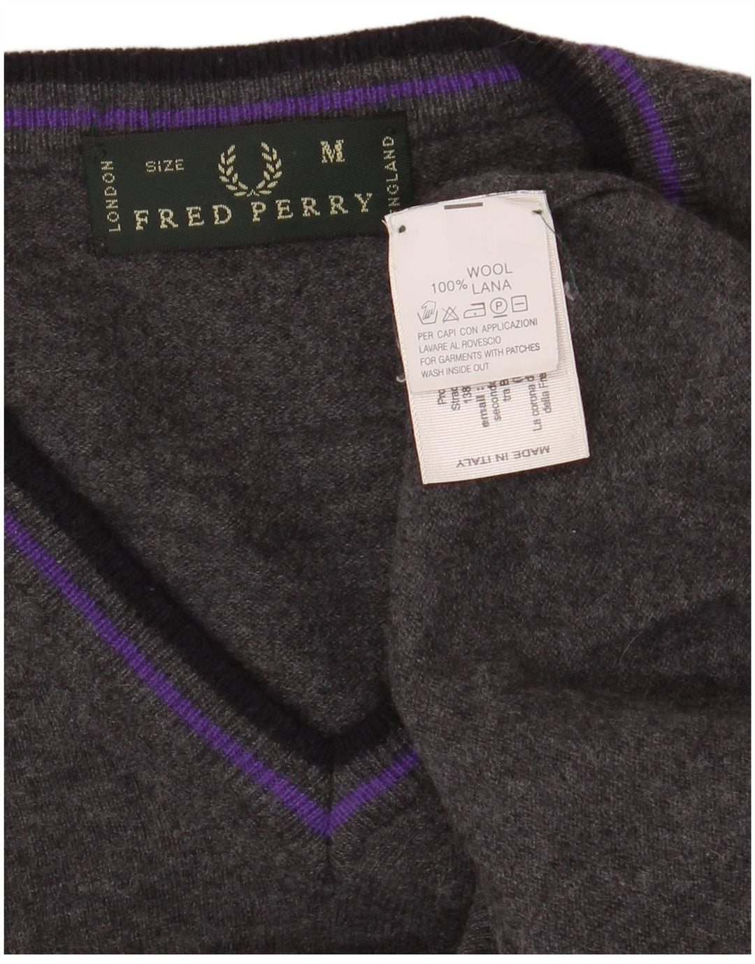 FRED PERRY Mens V-Neck Jumper Sweater Medium Grey Wool