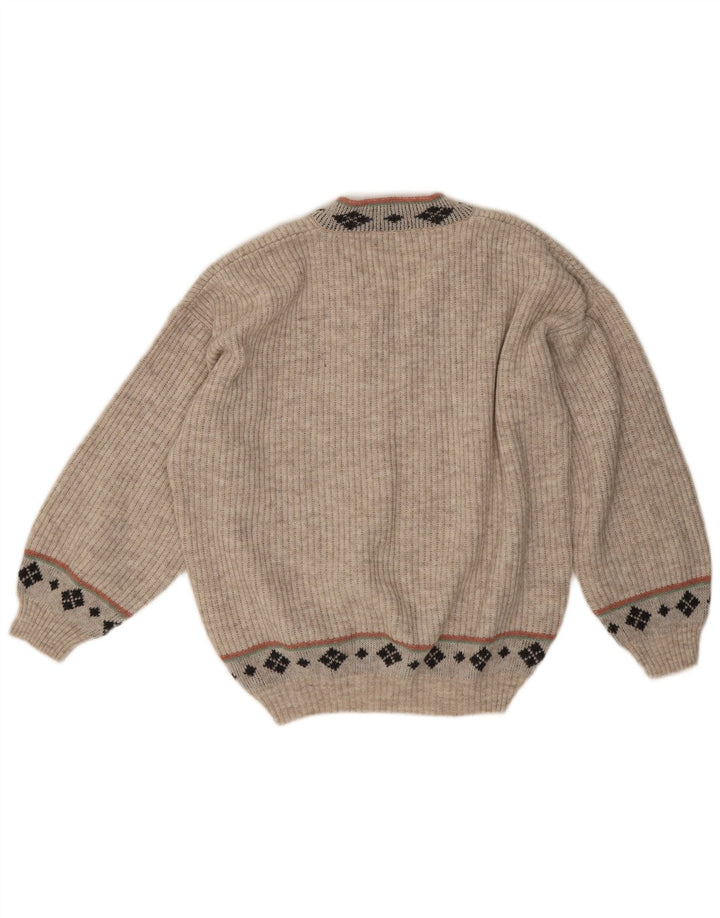 Vintage Mens V-Neck Jumper Sweater Medium Beige Geometric
