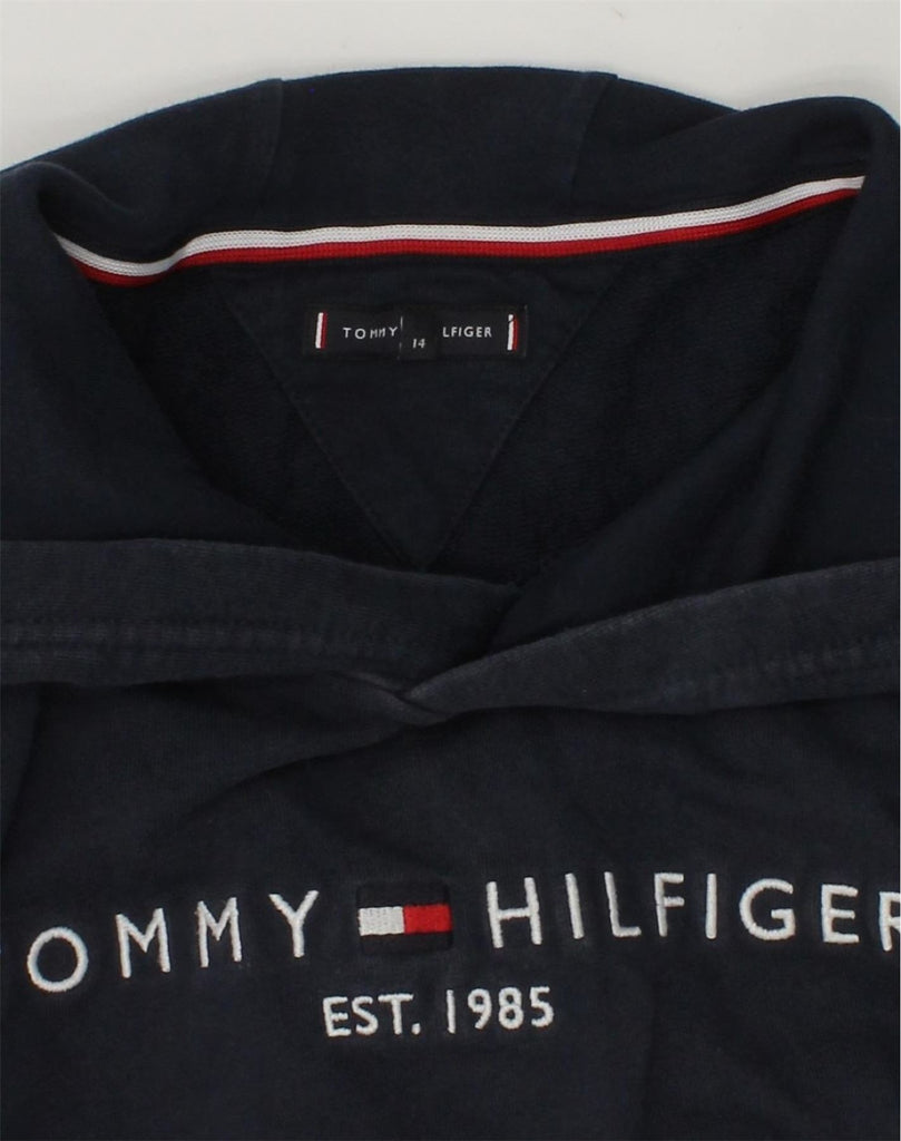 TOMMY HILFIGER Boys Graphic Hoodie Jumper 14-15 Years Navy Blue Cotton | Vintage Tommy Hilfiger | Thrift | Second-Hand Tommy Hilfiger | Used Clothing | Messina Hembry 