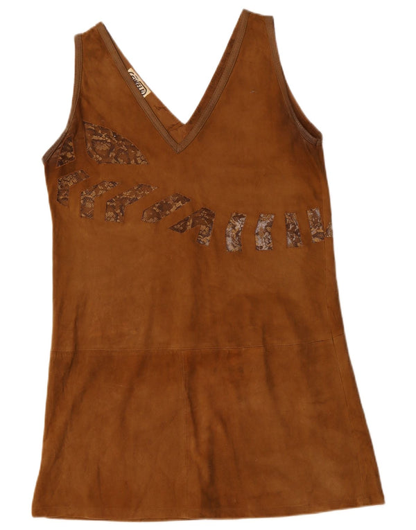 Vintage Womens Mini Suede Dress UK 12 Medium Beige Animal Print