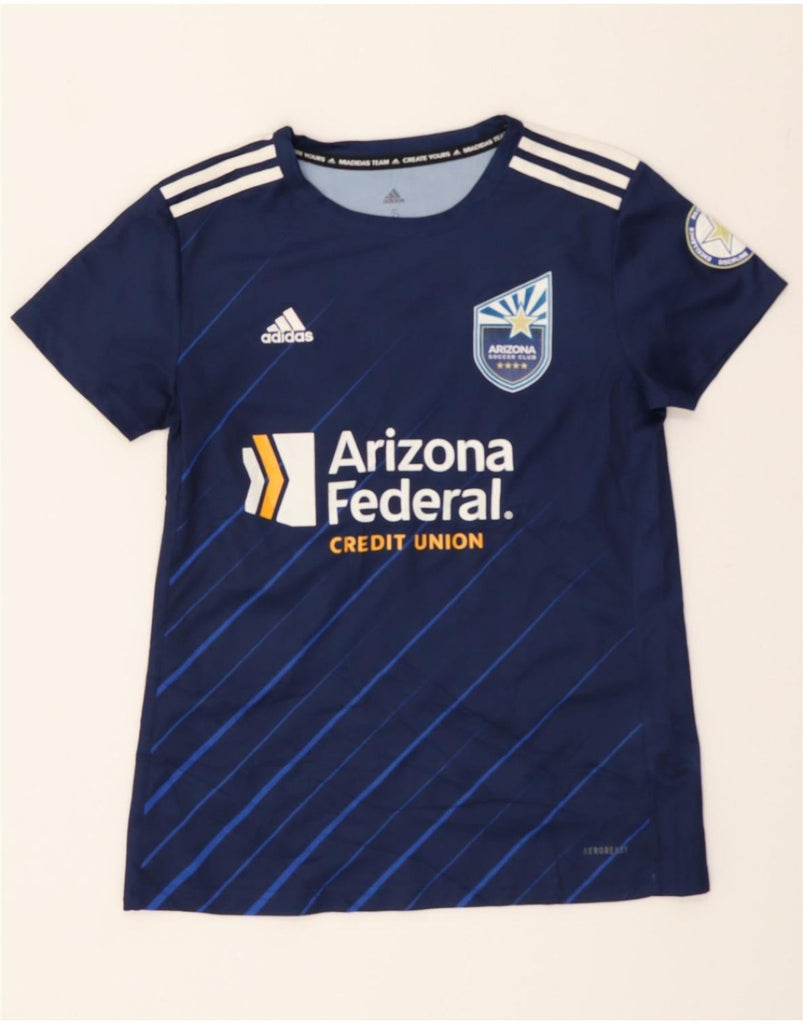 ADIDAS Womens Arizona Graphic T-Shirt Top UK 8/10 Small Navy Blue Striped Vintage Adidas and Second-Hand Adidas from Messina Hembry 