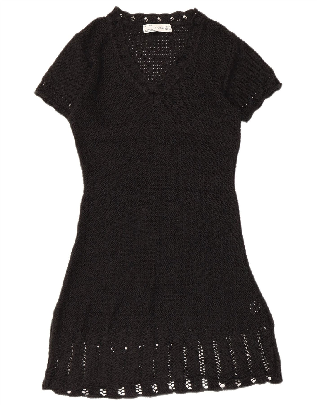 Zara Womens Crochet A-Line Dress UK 12 Medium Black Acrylic