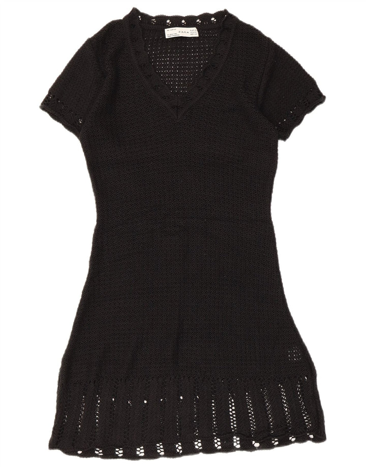 Zara Womens Crochet A-Line Dress UK 12 Medium Black Acrylic