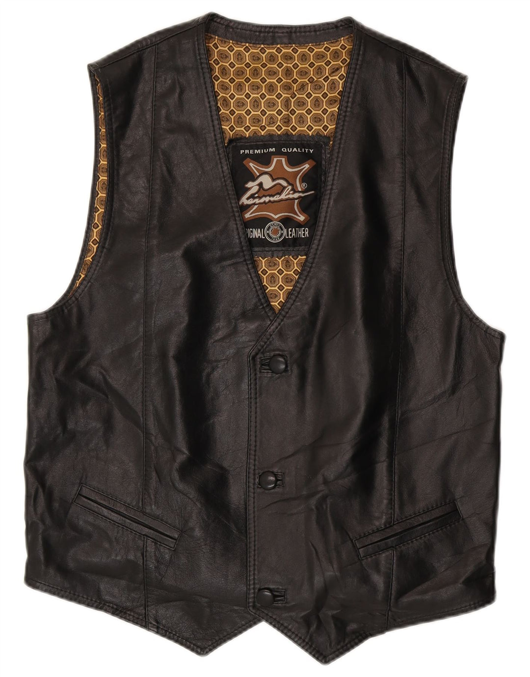 Vintage Mens Leather Waistcoat Medium Black Leather