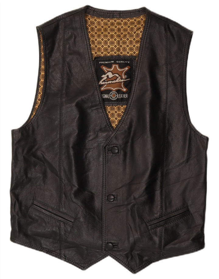 Vintage Mens Leather Waistcoat Medium Black Leather