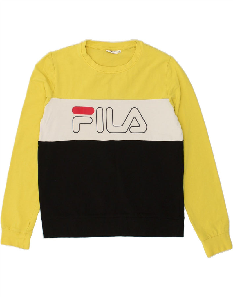 FILA Womens Graphic Sweatshirt Jumper UK 14 Medium Yellow Colourblock | Vintage Fila | Thrift | Second-Hand Fila | Used Clothing | Messina Hembry 