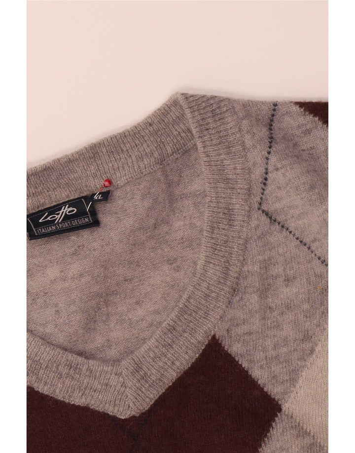 Lotto Mens V-Neck Jumper Sweater XL Grey Argyle/Diamond Wool