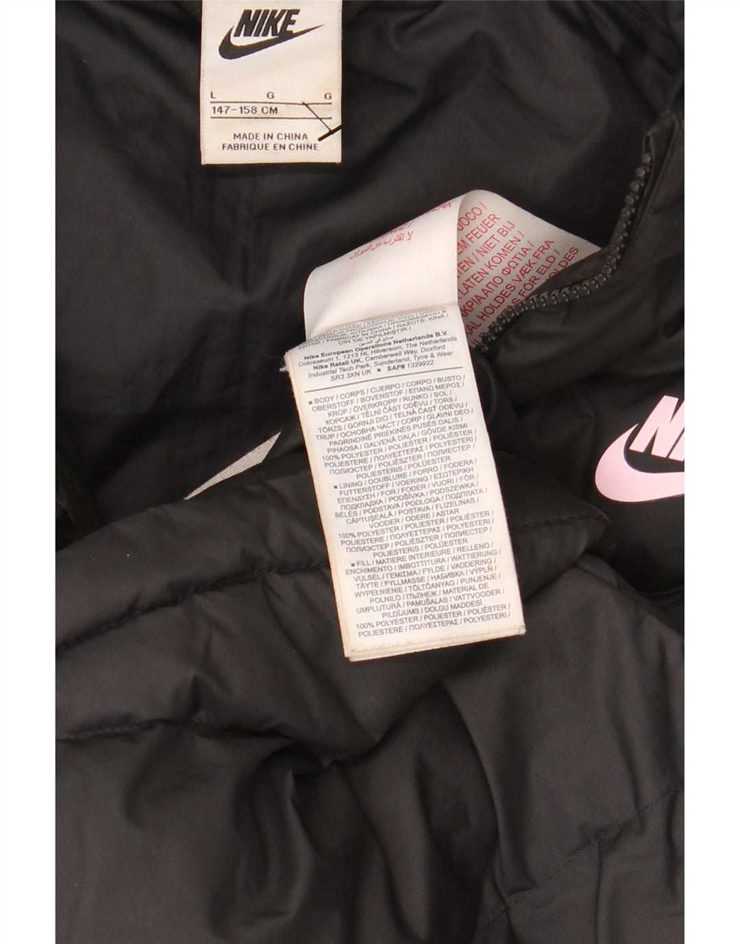 NIKE Boys Hooded Padded Jacket 12-13 Years Large Black Polyester