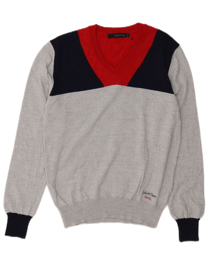 CALVIN KLEIN JEANS Mens V-Neck Jumper Sweater Small Grey Colourblock Wool Vintage Calvin Klein Jeans and Second-Hand Calvin Klein Jeans from Messina Hembry 