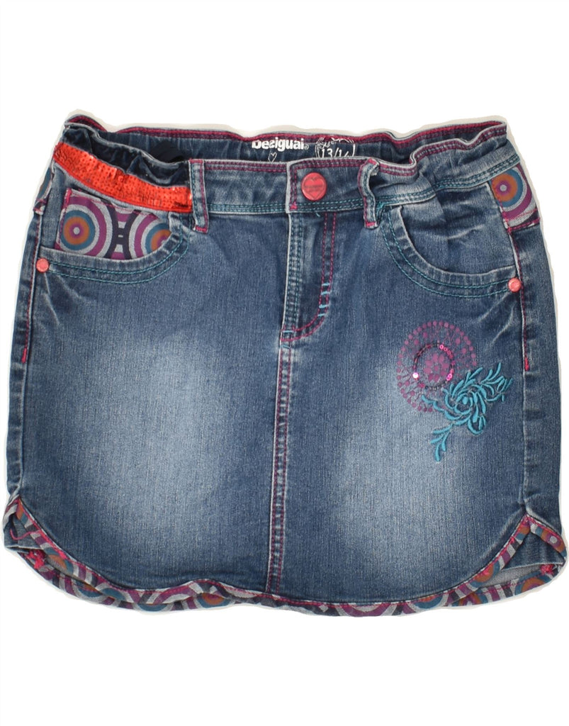 DESIGUAL Girls Graphic Denim Skirt 13-14 Years W28 Navy Blue Cotton | Vintage Desigual | Thrift | Second-Hand Desigual | Used Clothing | Messina Hembry 