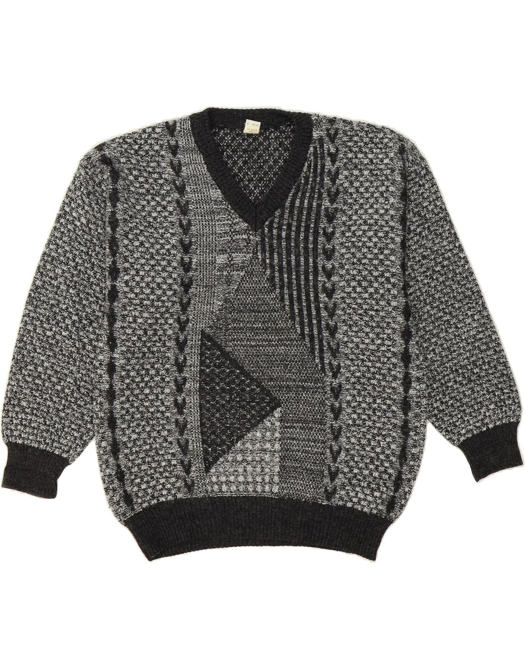 VINTAGE Mens V-Neck Jumper Sweater UK 38/40 Medium Grey Geometric Vintage Vintage and Second-Hand Vintage from Messina Hembry 