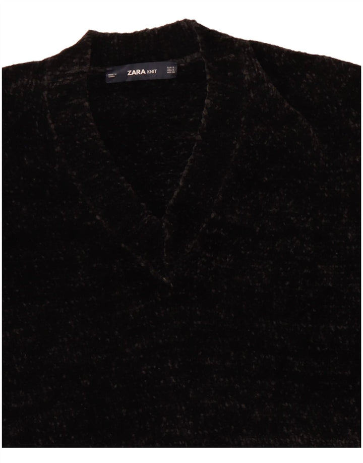 Zara Womens Velour Oversized V-Neck Jumper Sweater UK 10 Small Black