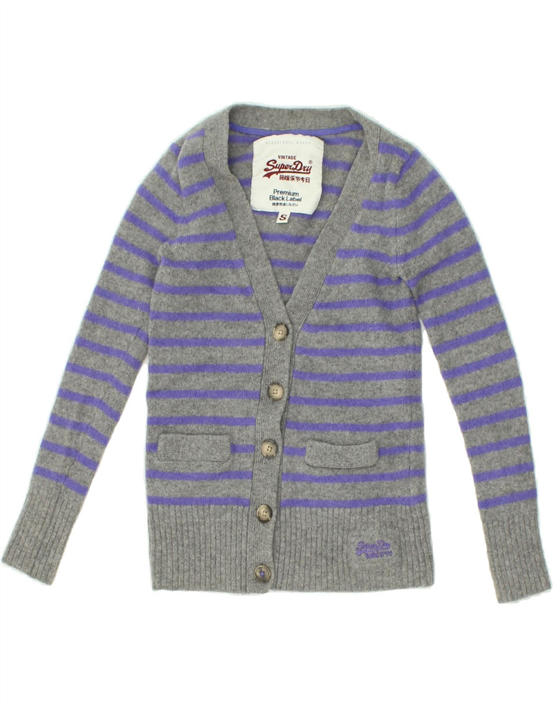 SUPERDRY Womens Cardigan Sweater UK 8 Small Grey Striped Lambswool | Vintage Superdry | Thrift | Second-Hand Superdry | Used Clothing | Messina Hembry 