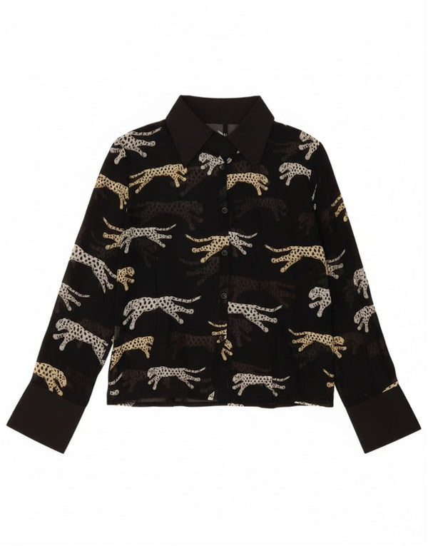 Vintage Womens Shirt Blouse UK 14 Large Black Animal Print Viscose