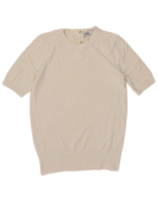 Zara Womens Short Sleeve Crew Neck Jumper Sweater UK 10 Small Off White