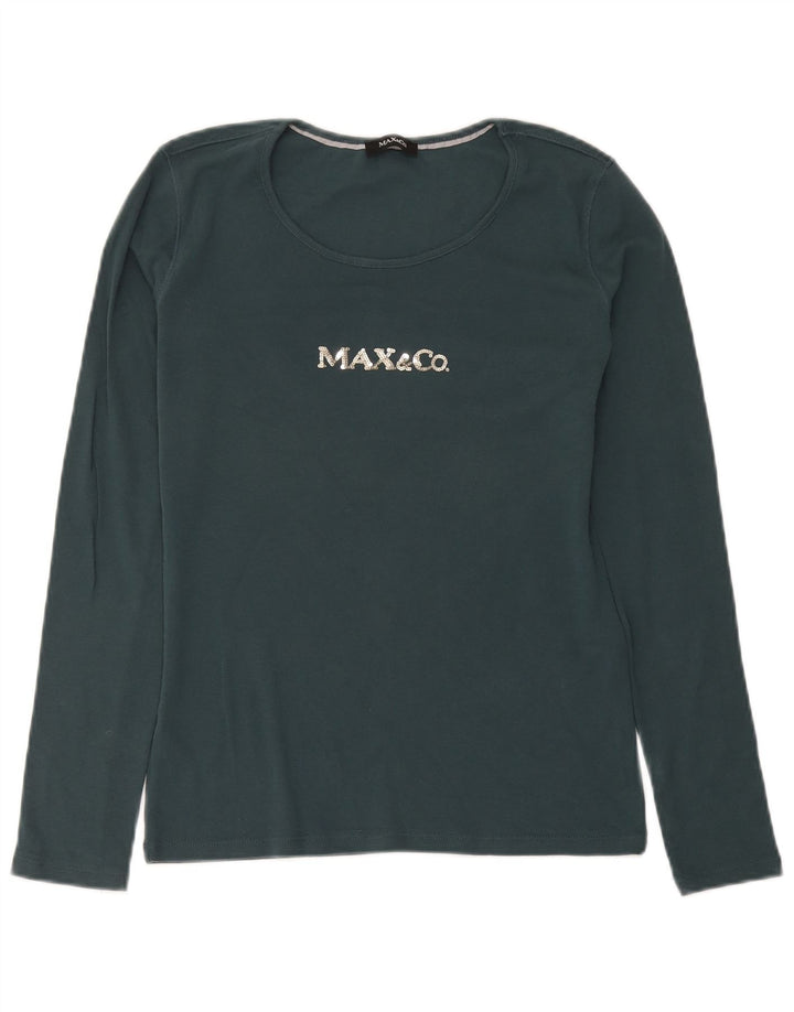 Max & Co. Womens Graphic Top Long Sleeve UK 12 Medium Green Cotton